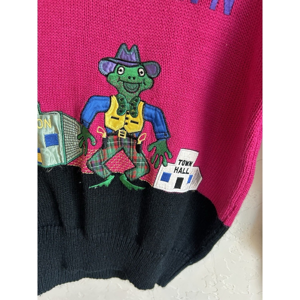 Rare Vintage Fashion Force Frog Town Novelty Sweater S Kitsch Western Appliqué - Picture 9 of 9